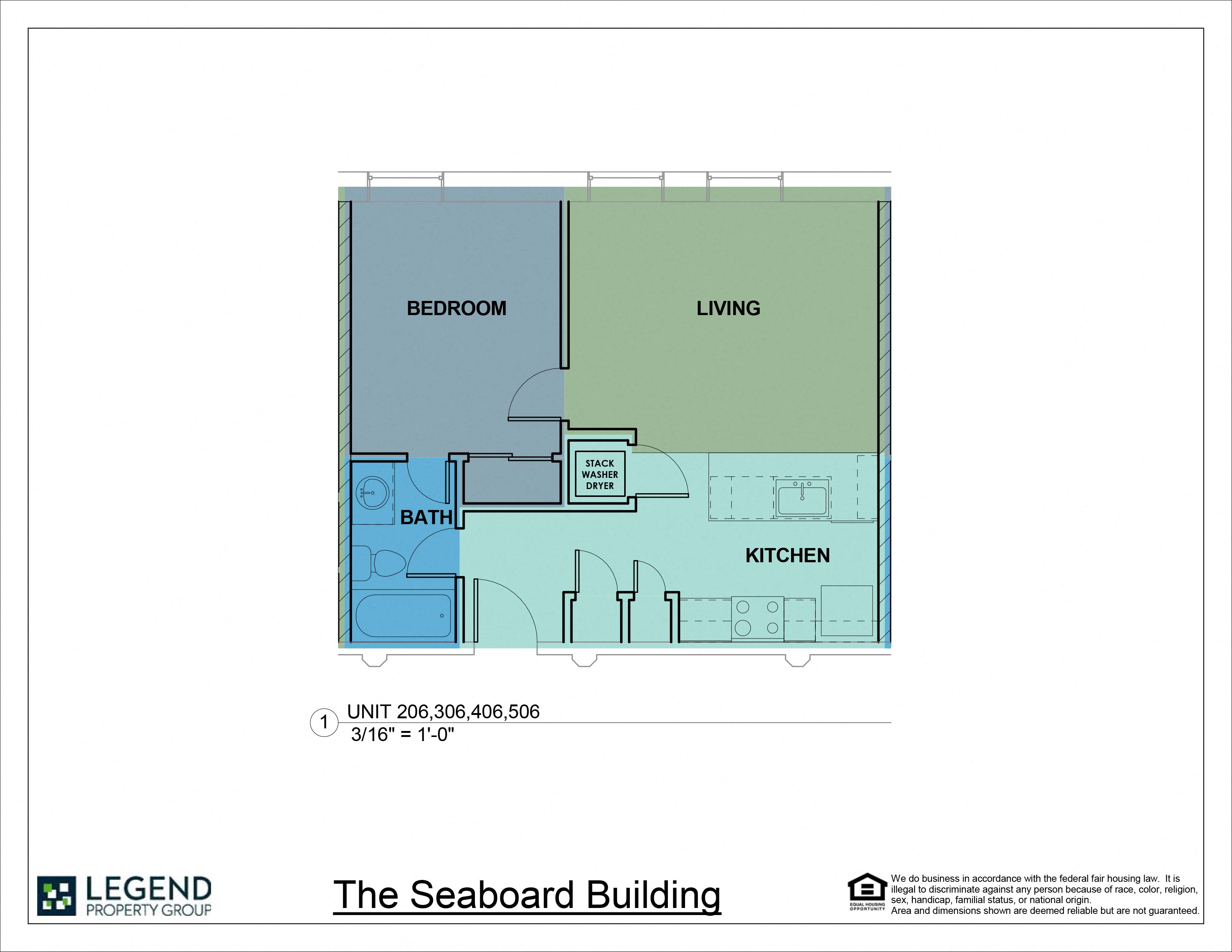 Floor plan for 1 bed, 1 bath, 592 sqft